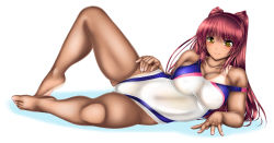 Rule 34 | 1girl, blush, breasts, brown eyes, competition swimsuit, covered erect nipples, curvy, female focus, hand on own hip, kousaka tamaki, large breasts, long hair, looking at viewer, lying, one-piece swimsuit, otone, red hair, shiny skin, simple background, smile, solo, swimsuit, tan, tanline, to heart (series), to heart 2, white background
