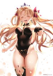 Rule 34 | 1girl, black leotard, blonde hair, blush, breasts, cleavage, closed eyes, covered navel, earrings, ereshkigal (fate), fate/grand order, fate (series), highleg, highleg leotard, highres, hoop earrings, jewelry, large breasts, leotard, long hair, open mouth, parted bangs, single sleeve, single thighhigh, skull, smile, spine, thighhighs, thighs, tiara, two side up, zasshu
