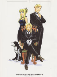 Rule 34 | 1girl, 2boys, absurdres, adjusting clothes, adjusting necktie, alphonse elric, animal, arakawa hiromu, arms at sides, artbook, artist name, bare shoulders, black bow, black dress, black footwear, black jacket, black neckwear, black pants, black ribbon, black vest, blonde hair, blue eyes, bow, bowtie, breasts, brothers, chair, choker, closed mouth, clothed animal, color halftone, cross-laced footwear, crossed legs, den (fma), dog, dress, earrings, edward elric, formal, fullmetal alchemist, gloves, grey bow, grey legwear, grey neckwear, hair over shoulder, hair ribbon, hand in pocket, highres, huge filesize, interlocked fingers, jacket, jewelry, lace, lace-trimmed dress, lace trim, looking at viewer, low ponytail, medium breasts, multiple boys, necktie, official art, own hands together, pants, ponytail, prosthesis, ribbon, shoes, short dress, siblings, sidelocks, simple background, sitting, sleeveless, sleeveless dress, smile, socks, standing, stud earrings, suit, traditional bowtie, vest, white background, white gloves, wing collar, winry rockbell, yellow eyes