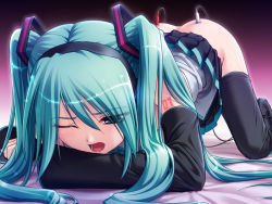 Rule 34 | 1girl, 400, all fours, aqua eyes, aqua hair, bent over, black thighhighs, cable, clothes lift, detached sleeves, female focus, hatsune miku, headphones, long hair, no panties, open mouth, skirt, skirt lift, solo, tattoo, thighhighs, top-down bottom-up, twintails, very long hair, vocaloid, wince