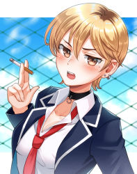 Rule 34 | 1girl, black choker, blazer, blonde hair, blue jacket, blush, breasts, brown eyes, choker, cigarette, cleavage, collarbone, highres, holding, holding cigarette, inari hisato, jacket, long sleeves, looking at viewer, necktie, open clothes, open jacket, open mouth, original, red necktie, school uniform, shirt, short hair, smoking, solo, tomboy, upper body, white shirt