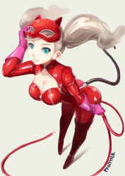 Rule 34 | 1girl, absurdres, aqua eyes, bodysuit, boots, breasts, cat mask, catsuit, cleavage, cleavage cutout, clothing cutout, full body, gloves, hasegawa (morebeer), highres, holding, holding whip, large breasts, leaning forward, mask, mask on head, persona, persona 5, pink gloves, platinum blonde hair, red bodysuit, solo, standing, takamaki anne, thigh boots, thighhighs, twintails, whip