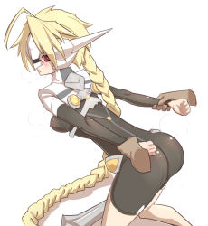 Rule 34 | 1girl, arc system works, ass, blazblue, blonde hair, blush, bodysuit, braid, breasts, damaged, disembodied limb, from behind, infraton, lambda-11, leaning, leaning forward, long hair, looking back, red eyes, sexually suggestive, simple background, single braid, very long hair