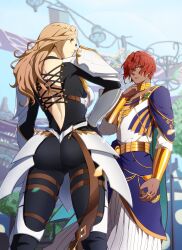 Rule 34 | 1boy, 1girl, absurdres, armor, ass, back, back cutout, black bodysuit, blonde hair, bodysuit, clothing cutout, dohalim (tales), from behind, hand on own hip, highres, igusaharu, jewelry, kisara (tales), red hair, shoulder armor, tales of (series), tales of arise, thigh strap, yellow eyes