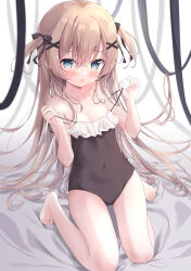 Rule 34 | 1girl, amedamacon, bare arms, bare legs, bare shoulders, barefoot, black bow, black one-piece swimsuit, black ribbon, blue eyes, blush, bow, breasts, brown hair, collarbone, commentary request, covered navel, frilled one-piece swimsuit, frills, hair between eyes, hair bow, hair ornament, hairclip, hands up, highres, long hair, looking at viewer, one-piece swimsuit, original, parted lips, ribbon, small breasts, solo, strap pull, swimsuit, two side up, very long hair, x hair ornament