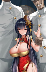 Rule 34 | 1girl, 2boys, absurdres, arm grab, breasts, chinese clothes, clothing cutout, dress, highres, huge breasts, multiple boys, red dress, smile, tagme, taihou (azur lane), taihou (phoenix&#039;s spring song) (azur lane), teira
