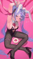 Rule 34 | 1girl, absurdres, animal ears, arm up, armpits, bare shoulders, black leotard, blue eyes, blue hair, bow, bowtie, breasts, card, commentary request, detached collar, doughnut, fake animal ears, food, hair ornament, hatsune miku, heart, high heels, highres, leotard, long hair, looking at viewer, medium breasts, pantyhose, playboy bunny, pure pure (rabbit hole), rabbit ears, rabbit hole (vocaloid), ribbon, solo, tadanotarosuke, twintails, x hair ornament