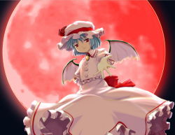 Rule 34 | 1girl, bat wings, blue hair, female focus, full moon, haniwa, haniwa (leaf garden), hat, hat ribbon, moon, outstretched arm, outstretched hand, red eyes, red moon, remilia scarlet, ribbon, short hair, solo, touhou, wings