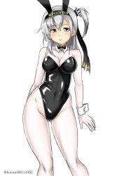 Rule 34 | 1girl, animal ears, black bow, black bowtie, black leotard, bodystocking, bodysuit, bow, bowtie, breasts, cleavage, commentary request, cowboy shot, detached collar, fake animal ears, grey eyes, kantai collection, kudou (ooabareteng), leotard, long hair, medium breasts, one side up, pantyhose, playboy bunny, rabbit ears, silver hair, simple background, solo, strapless, strapless leotard, suzutsuki (kancolle), twitter username, white background, white bodysuit, wrist cuffs