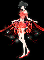 Rule 34 | 1girl, bare shoulders, black background, black hair, breasts, commentary, covered eyes, flower, from side, full body, hair over eyes, high heels, medium breasts, midriff, navel, original, parted lips, red flower, red footwear, red shirt, red skirt, revision, shirt, shoes, short hair, simple background, skirt, solo, standing, umishima senbon