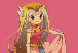 Rule 34 | 1girl, artist name, belt, blonde hair, blue eyes, blush, commentary request, floating hair, gloves, hair ornament, holding, holding clothes, holding skirt, jewelry, long hair, necklace, nintendo, open mouth, pink background, pink skirt, princess zelda, simple background, skirt, smile, solo, the legend of zelda, the legend of zelda: the wind waker, tiara, tokuura, twitter username, watermark