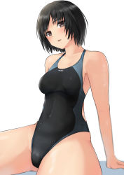 Rule 34 | 1girl, amagami, black eyes, black hair, black one-piece swimsuit, bob cut, breasts, competition swimsuit, cowboy shot, highleg, highleg swimsuit, highres, nanasaki ai, one-piece swimsuit, short hair, simple background, sitting, small breasts, solo, swimsuit, two-tone swimsuit, white background, yoo tenchi