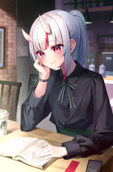Rule 34 | 1girl, absurdres, black shirt, blush, book, brick wall, cellphone, closed mouth, commentary request, cup, disposable cup, earrings, highres, hololive, indoors, jewelry, light particles, long hair, long sleeves, looking away, midori matsukaze, multicolored hair, nakiri ayame, open book, phone, ponytail, reading, red eyes, red hair, shirt, sidelocks, silver hair, smartphone, smile, solo, streaked hair, table, virtual youtuber, watch, wristwatch