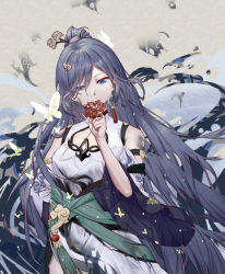 Rule 34 | 1girl, bare shoulders, black hair, blue eyes, breasts, bug, butterfly, china dress, chinese clothes, dress, flower, fu hua, fu hua (azure empyrea), grey background, hair over one eye, highres, holding, holding flower, honkai (series), honkai impact 3rd, insect, long hair, looking at viewer, ponytail, red flower, small breasts, solo, spider lily, wow+, yellow butterfly