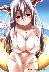 Rule 34 | 10s, 1girl, bare shoulders, between breasts, bikini, blush, breasts, cloud, crystal, danua, day, draph, female focus, granblue fantasy, hair between eyes, horn ornament, horns, jewelry, large breasts, lifebuoy, long hair, looking at viewer, navel, necklace, ocean, pointy ears, purple hair, red eyes, sitting, sky, solo, swim ring, swimsuit, v arms, water, yasui riosuke