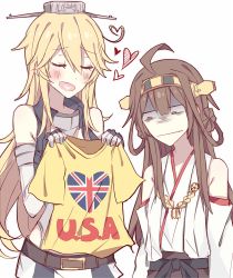 Rule 34 | 10s, 2girls, :d, bad anatomy, blonde hair, blush, brown hair, clothes writing, closed eyes, fourth of july, gift, glaring, heart, heart in mouth, highres, iowa (kancolle), kantai collection, kongou (kancolle), kvlen, long hair, multiple girls, open mouth, shirt, smile, t-shirt, union jack