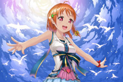 Rule 34 | 1girl, :d, ahoge, bird, blue skirt, blue sky, bow, braid, breasts, cloud, clover hair ornament, collarbone, crazypen, earrings, hair bow, hair ornament, heart, heart earrings, jewelry, love live!, love live! sunshine!!, medium breasts, open mouth, orange hair, outstretched arms, outstretched hand, pleated skirt, red eyes, red ribbon, ribbon, shirt, short hair, single braid, skirt, sky, sleeveless, sleeveless shirt, smile, solo, standing, takami chika, upper body, white shirt, wrist ribbon, yellow bow