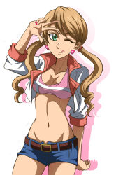 Rule 34 | 1girl, ;p, belt, blue shorts, breasts, brown hair, cleavage, collarbone, cowboy shot, earrings, green eyes, groin, gundam, gundam tekketsu no orphans, hair ornament, hanzou, heart, heart earrings, jewelry, lafter frankland, long hair, medium breasts, midriff, nail polish, navel, one eye closed, red nails, short shorts, shorts, simple background, solo, sports bra, standing, stomach, tongue, tongue out, twintails, w, white background