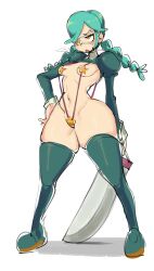 Rule 34 | 1girl, absurdres, annie (skullgirls), blush, boots, braid, breasts, breath, chamchami, eyepatch, full body, green hair, half-closed eyes, highres, juliet sleeves, long sleeves, maebari, medium breasts, navel, pasties, puffy sleeves, shrug (clothing), sketch, skindentation, skullgirls, slingshot swimsuit, solo, standing, sweat, swimsuit, sword, thick thighs, thigh boots, thighs, twin braids, weapon, white background, yellow eyes