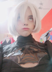 Rule 34 | 1boy, absurdres, androgynous, blue eyes, breasts, cleavage, cosplay, darkwaifutrap, dress, highres, looking up, makeup, nier (series), nier:automata, photo (medium), short hair, skin tight, solo, trap, white hair, 2b (nier:automata), 2b (nier:automata) (cosplay)