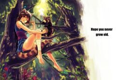 Rule 34 | 1girl, ;p, animal, animal ears, ankle wrap, bandages, barefoot, blue dress, dress, english text, forest, full body, in tree, japanese clothes, jipo, kimono, nature, obi, one eye closed, original, plant, raccoon, raccoon ears, raccoon tail, sash, shade, short dress, short hair, short kimono, sitting, sitting in tree, sleeveless, sleeveless kimono, sunlight, tail, tongue, tongue out, tree