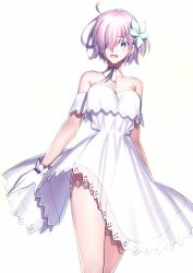 Rule 34 | 1girl, :d, arm strap, arms at sides, bare legs, bare shoulders, blush, breasts, chietori, choker, cleavage, collarbone, dress, fate/grand order, fate (series), female focus, flower, gloves, hair between eyes, hair flower, hair ornament, hair over one eye, large breasts, legs, light purple hair, looking at viewer, mash kyrielight, mash kyrielight (formal dress), neck, official alternate costume, official style, open mouth, purple eyes, ribbon, ribbon choker, short dress, short hair, simple background, smile, solo, standing, strapless, strapless dress, striped clothes, striped dress, type-moon, white background, white choker, white dress, white flower, white gloves, white ribbon