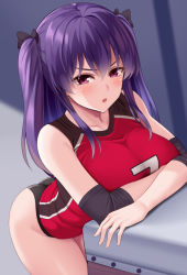 Rule 34 | 1girl, :o, arm support, bare shoulders, black bow, black panties, blush, bow, breast rest, breasts, collarbone, cowboy shot, elbow pads, hair between eyes, hair bow, hair ornament, huyumitsu, jersey, large breasts, leaning forward, long hair, looking at viewer, no pants, open mouth, original, paid reward available, panties, parted lips, purple eyes, purple hair, red shirt, shirt, sleeveless, sleeveless shirt, solo, standing, two side up, underwear, vaulting horse