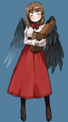 Rule 34 | 1girl, absurdres, bad id, bad twitter id, bag, black feathers, black wings, blue background, blush, bow, bread, brown hair, closed eyes, commentary, feathered wings, feathers, food, highres, holding, holding bag, juliet sleeves, long skirt, long sleeves, medium hair, original, paper bag, puffy sleeves, red bow, red neckwear, red skirt, shirt, shopping bag, simple background, skirt, smile, solo, symbol-only commentary, useq1067, white shirt, wings