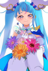 Rule 34 | 1girl, absurdres, blue cape, blue dress, blue eyes, blue hair, blurry, blurry foreground, brooch, cape, closed mouth, commentary, cure sky, cut bangs, depth of field, detached sleeves, dress, earclip, earrings, fingerless gloves, flower, gloves, half-closed eyes, highres, hirogaru sky! precure, holding, holding flower, jewelry, long hair, looking at viewer, magical girl, pink hair, pov, precure, puffy detached sleeves, puffy sleeves, simple background, single earring, single sidelock, sky mirage, sleeveless, sleeveless dress, smile, solo, sora harewataru, standing, tearing up, twintails, two-tone dress, very long hair, white background, white dress, white gloves, wing brooch, wing hair ornament, zooz08