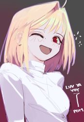 Rule 34 | 1girl, :d, absurdres, ahoge, arcueid brunestud, blonde hair, hair intakes, highres, looking at viewer, medium hair, one eye closed, open mouth, polilla, red background, shirt, smile, solo, tsukihime, upper body, white shirt