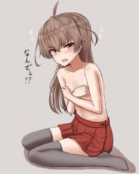 Rule 34 | 1girl, ahoge, blush, brown hair, collarbone, covering privates, covering chest, fang, flat chest, flying sweatdrops, full body, grey background, grey thighhighs, hair between eyes, highres, long hair, no shoes, open mouth, original, pleated skirt, red eyes, red skirt, simple background, sitting, skirt, solo, teardrop, tearing up, thighhighs, topless, translated, tsurime, very long hair, wariza, yakob labo, zettai ryouiki