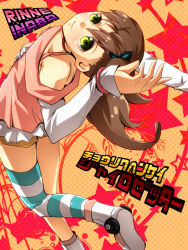 Rule 34 | 1girl, bad id, bad pixiv id, bare shoulders, brown hair, butterfly hair ornament, character name, chousoku henkei gyrozetter, green eyes, hair ornament, inaba rinne, long hair, looking at viewer, shorts, side ponytail, smile, solo, star (symbol), striped clothes, striped thighhighs, thighhighs, wasanbon