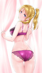 Rule 34 | 1girl, :o, ass, ayase eli, bare arms, bare back, blonde hair, blue eyes, blush, bra, breasts, curtains, hair between eyes, hair over shoulder, highres, large breasts, looking at viewer, looking back, love live!, love live! school idol project, nail polish, panties, ponytail, purple bra, purple panties, scrunchie, sidelocks, solo, underwear, underwear only, white scrunchie, yopparai oni
