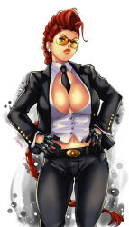 Rule 34 | 1girl, ahoge, belt, belt buckle, between breasts, braid, breasts, buckle, capcom, cleavage, clothes between breasts, crimson viper, cross, cross earrings, earrings, formal, hands on own hips, highres, huge breasts, jewelry, large breasts, lips, lipstick, long hair, makeup, midriff, mature female, necktie, pant suit, pants, pompadour, red hair, signature, single braid, solo, street fighter, street fighter iv (series), suit, sunglasses, ultimatesol, very long hair