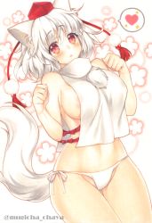 Rule 34 | 1girl, :o, animal ears, areola slip, bare arms, bare shoulders, blush, bow, breasts, commentary request, cowboy shot, floral background, gluteal fold, hands up, hat, heart, inubashiri momiji, large breasts, looking at viewer, marker (medium), medium breasts, mugicha (mugicha0929), no bra, panties, parted lips, paw pose, red bow, red eyes, red hat, silver hair, sleeveless, sleeveless turtleneck, solo, sparkle, spoken heart, tail, tareme, tassel, thigh gap, tokin hat, touhou, traditional media, turtleneck, twitter username, underwear, white panties, wolf ears, wolf girl, wolf tail