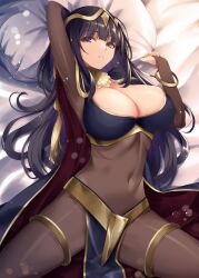 Rule 34 | 1girl, armpits, arms up, bed sheet, black cape, black hair, blunt bangs, bodystocking, bracelet, breasts, bridal gauntlets, cape, circlet, cleavage, commentary request, covered navel, cowboy shot, fire emblem, fire emblem awakening, jewelry, kirishima satoshi, large breasts, long hair, looking at viewer, lying, neck ring, nintendo, on back, paid reward available, parted lips, pelvic curtain, pillow, pillow grab, purple eyes, red cape, shadow, sidelocks, solo, tharja (fire emblem), thighlet, two-sided cape, two-sided fabric, two-tone cape, two side up