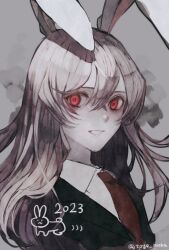 Rule 34 | 1girl, 2023, animal ears, black jacket, blazer, collared shirt, hair between eyes, highres, jacket, light purple hair, long hair, looking at viewer, mochacot, necktie, open mouth, protected link, rabbit ears, red eyes, red necktie, reisen udongein inaba, shirt, smile, solo, touhou, twitter username, upper body, white shirt