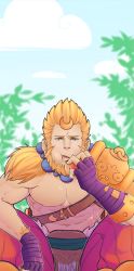 Rule 34 | 1boy, abs, bandages, beard, blonde hair, day, earrings, eating, eveurite (ev), facial hair, fingerless gloves, fur trim, gloves, hair ornament, highres, jewelry, leaf, male focus, navel, necklace, open mouth, orange eyes, topless male, sitting, sky, smite, solo, sun wukong (smite), teeth