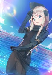 Rule 34 | 10s, 1girl, :d, adjusting hair, armlet, black bodysuit, black hat, black jacket, blonde hair, blue eyes, blue sky, blush, bodysuit, breasts, clothes lift, collar, covered navel, cropped jacket, day, dutch angle, garrison cap, gloves, hat, head tilt, highres, horizon, jacket, kantai collection, lifted by self, light rays, long sleeves, ocean, open clothes, open jacket, open mouth, outdoors, shirousa, skin tight, sky, small breasts, smile, solo, sunbeam, sunlight, tareme, u-511 (kancolle), wading, water