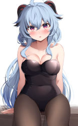 Rule 34 | 1girl, absurdres, ahoge, arm support, black leotard, black pantyhose, blue hair, blush, breasts, cleavage, collarbone, covered navel, empty (mn3k yo), ganyu (genshin impact), genshin impact, highres, horns, large breasts, leotard, long hair, looking at viewer, open mouth, pantyhose, playboy bunny, purple eyes, sidelocks, sitting, solo, thighs, white background