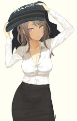 Rule 34 | 1girl, 2017, artist name, black skirt, breasts, brown hair, bulletproof vest, cleavage, collarbone, collared shirt, commentary, dress shirt, english text, highres, holding, large breasts, long hair, looking at viewer, original, parted lips, partially unbuttoned, pink eyes, shirt, simple background, skirt, solo, throtem, white background, white shirt, wing collar