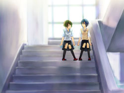 Rule 34 | 2girls, blue eyes, blue hair, blush, brown eyes, brown hair, commentary request, looking at another, multiple girls, original, school uniform, short hair, sitting, sitting on stairs, smile, stairs, sweater vest, yui 7