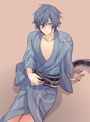 Rule 34 | 1boy, akiyoshi (tama-pete), blue eyes, blue hair, blush, foot out of frame, from above, hand on own stomach, japanese clothes, kaito (vocaloid), male focus, simple background, sitting, solo, vocaloid