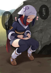 Rule 34 | 1girl, akari (pokemon), black thighhighs, blue eyes, blue hair, blue kimono, blue leggings, blush, boulder, brown footwear, closed mouth, creatures (company), day, embarrassed, female focus, flat chest, full body, game freak, grass, half-closed eyes, have to pee, head scarf, japanese clothes, japanese text, kimono, layered sleeves, leg warmers, leggings, leggings pull, long hair, long sleeves, looking back, matching hair/eyes, metaring, nervous, nintendo, nose blush, obi, outdoors, partially translated, pokemon, pokemon legends: arceus, ponytail, red scarf, rock, sandals, sash, scarf, sidelocks, solo, squatting, sweat, text focus, thighhighs, thought bubble, translation request, white headwear, white leggings, wide sleeves