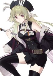 Rule 34 | 1girl, arknights, belt, black hat, black jacket, black romper, black thighhighs, chinese commentary, commentary request, daishu696, feather hair, feathers, green hair, hat, hat feather, highres, holding, holding polearm, holding weapon, id card, jacket, jacket partially removed, long hair, multicolored clothes, multicolored jacket, polearm, poncirus (arknights), purple eyes, simple background, sleeveless, solo, thighhighs, two-tone jacket, weapon, white feathers, white jacket