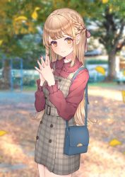 Rule 34 | 1girl, autumn leaves, bag, blonde hair, braid, closed mouth, collared shirt, commentary request, dress, dress shirt, falling leaves, fingernails, fingers together, french braid, frills, hair ribbon, handbag, highres, leaf, long hair, looking at viewer, nail polish, original, outdoors, plaid, plaid dress, red nails, red shirt, ribbon, shirt, smile, tree, usamochi., yellow eyes