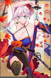 Rule 34 | 1girl, autumn leaves, black thighhighs, breasts, cleavage, dango, fate/grand order, fate (series), food, hair ornament, hairband, highres, holding, holding sword, holding weapon, japanese clothes, katana, kimono, leaf, looking at viewer, maple leaf, miyamoto musashi (fate), mouth hold, nail polish, off shoulder, open clothes, pink hair, poligon (046), short hair, smile, solo, sword, thighhighs, wagashi, weapon