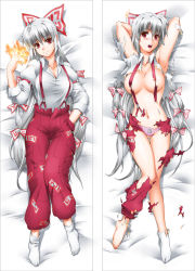 Rule 34 | &gt;:), 1girl, \o/, armpits, arms up, barefoot, bed sheet, blush, bow, breasts, censored, cleavage, collarbone, convenient censoring, dakimakura (medium), feet, female focus, fire, fujiwara no mokou, hair bow, hair ribbon, henshako, highres, hip focus, large breasts, legs, long hair, looking at viewer, lying, multiple views, navel, on back, open mouth, outstretched arms, panties, pants, red eyes, ribbon, shirt, silver hair, single sock, socks, suspenders, tabi, taut clothes, taut shirt, thigh gap, torn clothes, torn pants, torn shirt, touhou, unbuttoned, underwear, v-shaped eyebrows, very long hair