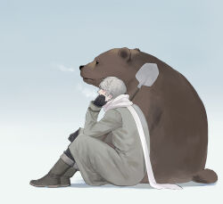 Rule 34 | 1boy, animal, axis powers hetalia, bear, black gloves, black pants, boots, breath, coat, covered mouth, from side, full body, gloves, grey coat, grey footwear, grey hair, hand on own cheek, hand on own face, head rest, highres, knees up, long sleeves, looking away, pants, profile, russia (hetalia), scarf, short hair, shovel, side-by-side, sitting, uka402, white scarf