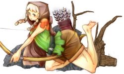 Rule 34 | 1girl, arrow (projectile), ass, barefoot, belt, bow (weapon), braid, brown eyes, cloak, dragon&#039;s crown, elf, elf (dragon&#039;s crown), feet, female focus, full body, hood, huge ass, plant, pointy ears, quiver, shorts, solo, thick thighs, thighs, twin braids, weapon, white background, white hair, yu yun